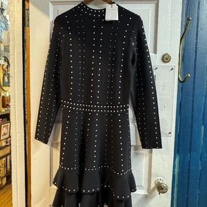 NWT Sandro Paris Studded Black Dress Bodycon Ruffle Long Sleeve 8/10